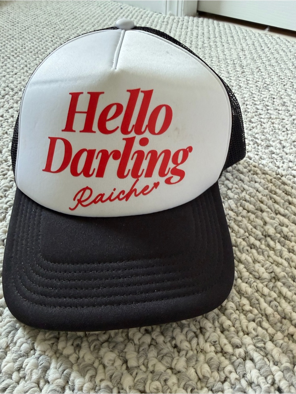 Hello Darling Trucker Hat - Black & White with Red Print
